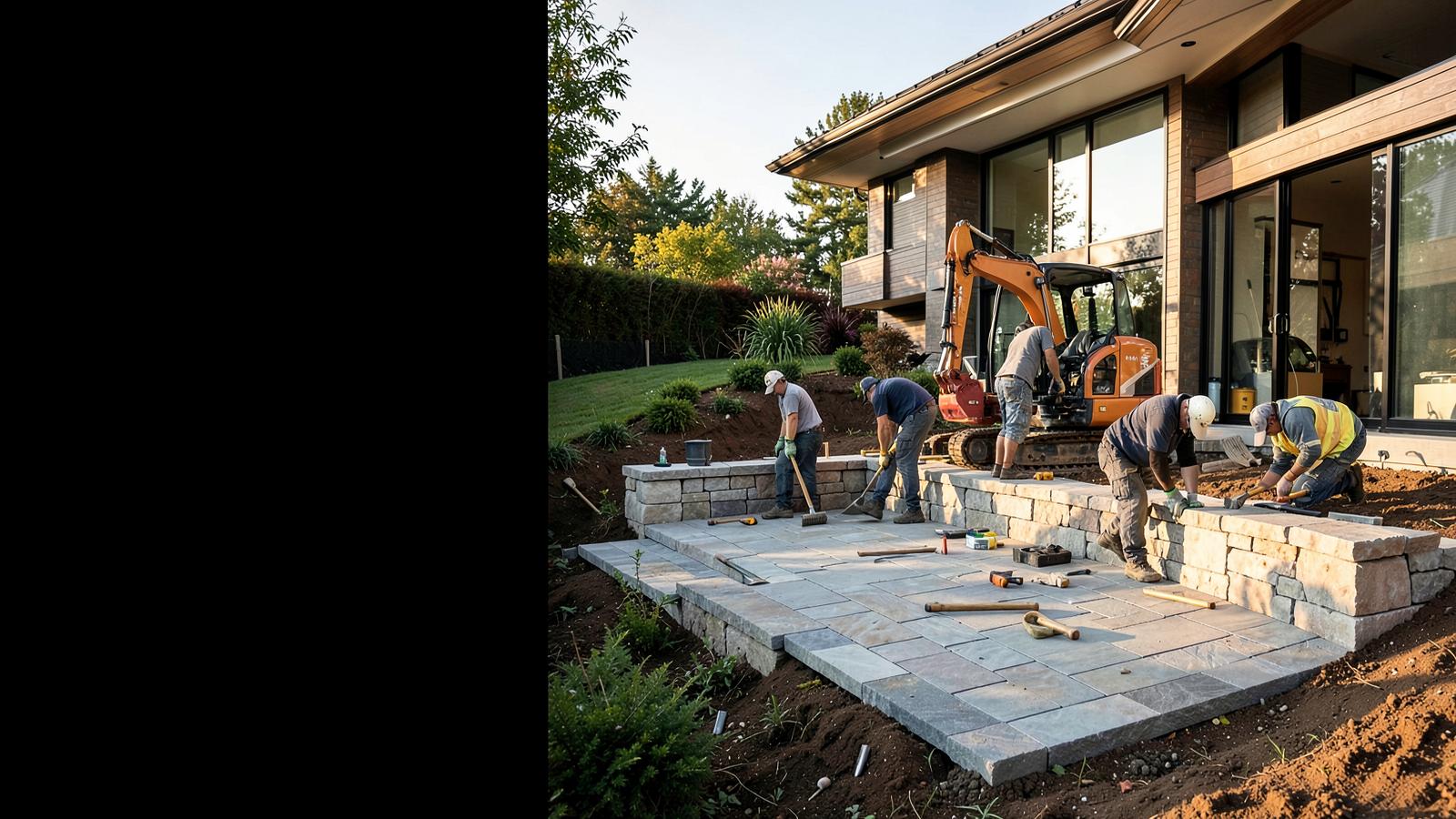 Small landscaping crew building a stone patio